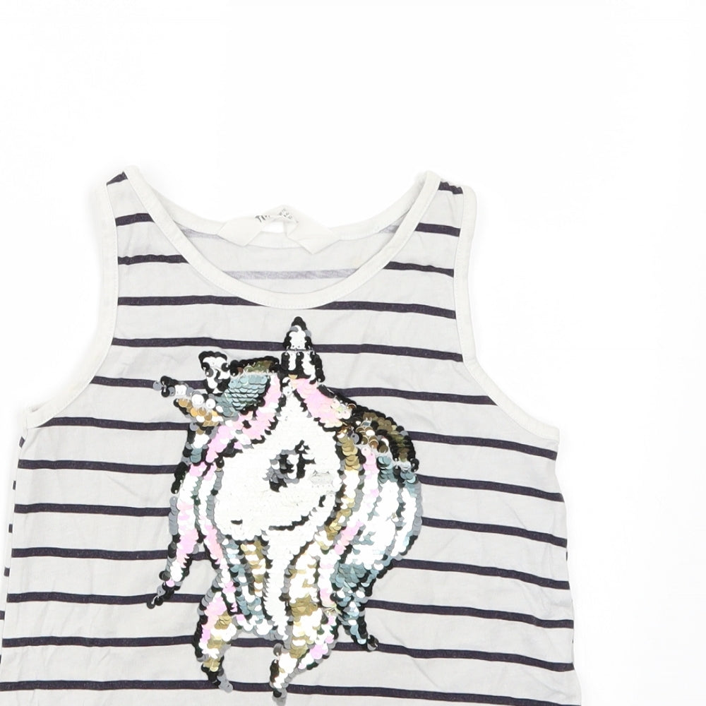 Close-up detail of H&M girls’ white striped basic tank, size 5, years