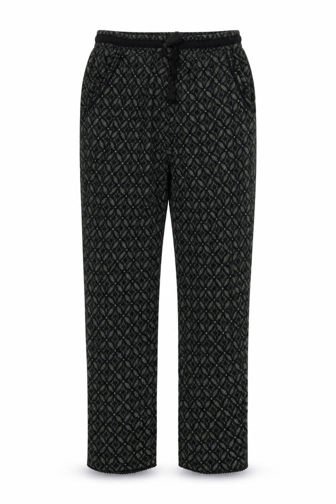 Front view of New Look women’s gold geometric trousers, size UK 12, 26-inch leg