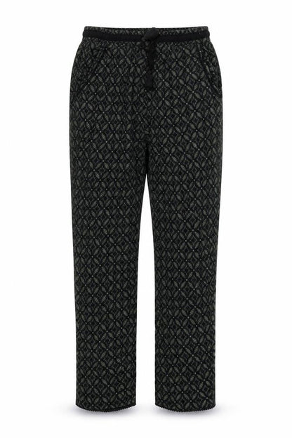 Front view of New Look women’s gold geometric trousers, size UK 12, 26-inch leg