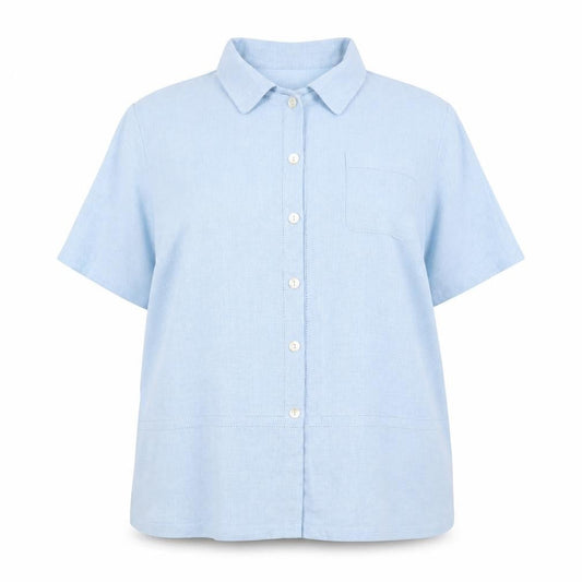 Front view of Direction women’s blue houndstooth basic button-up, size UK 22