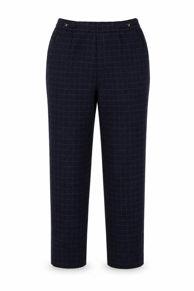 Front view of Marks & Spencer women’s blue plaid trousers, size UK 12, 26-inch leg