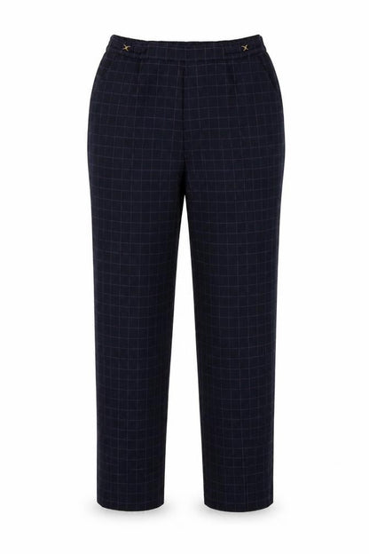 Front view of Marks & Spencer women’s blue plaid trousers, size UK 12, 26-inch leg