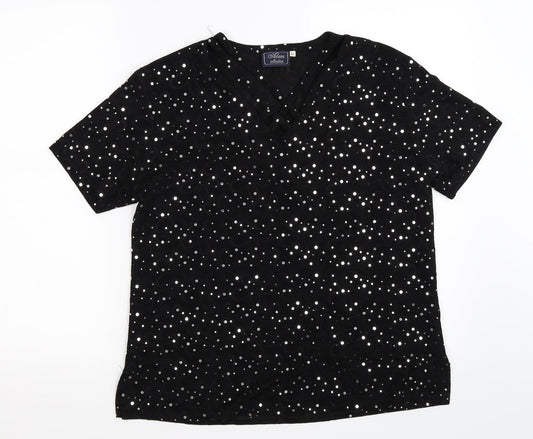 Front view of adam collection women’s black polka dot basic t-shirt, size M