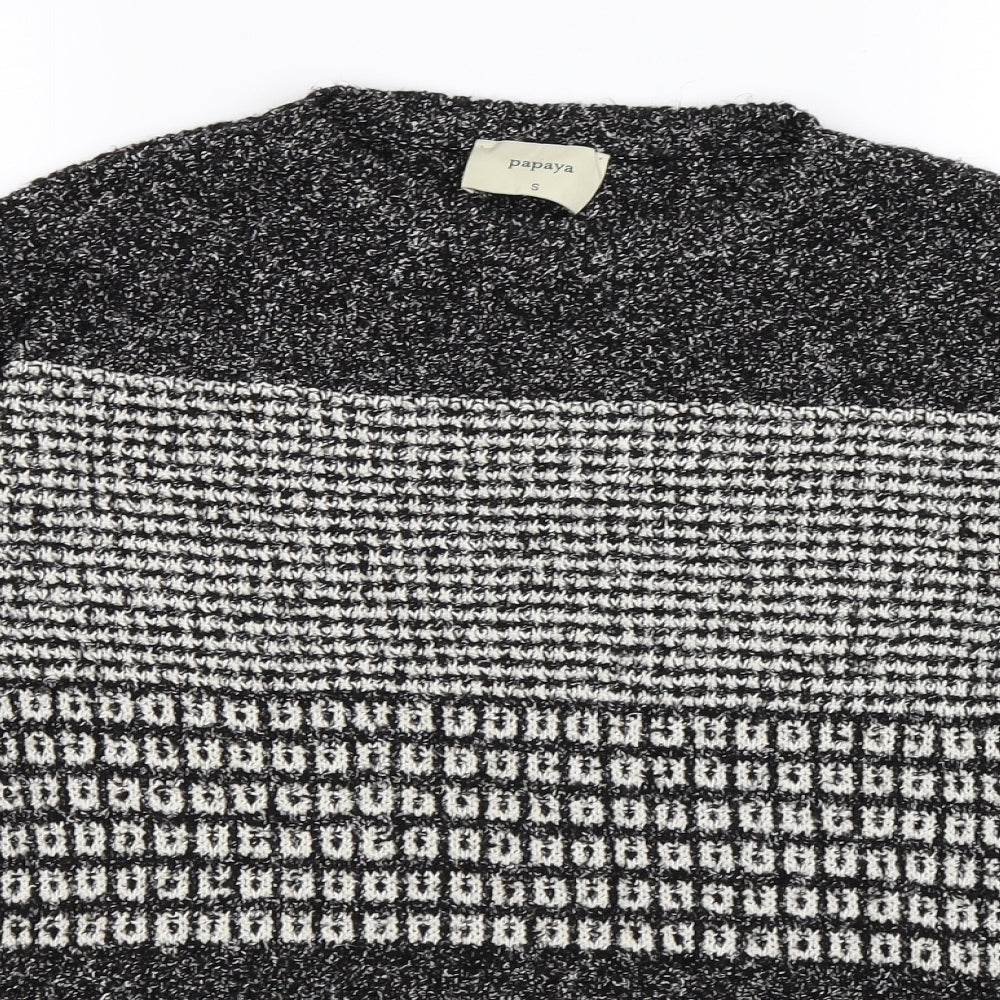 Close-up detail of Papaya women’s grey striped knit jumper, size S