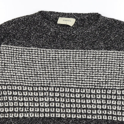 Close-up detail of Papaya women’s grey striped knit jumper, size S