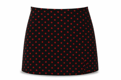 Front view of SHEIN women’s black polka dot satin a-line skirt, size L