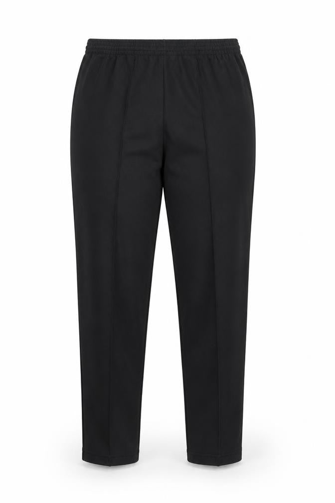 Front view of Preworn women’s black trousers, size UK 14, 26-inch leg