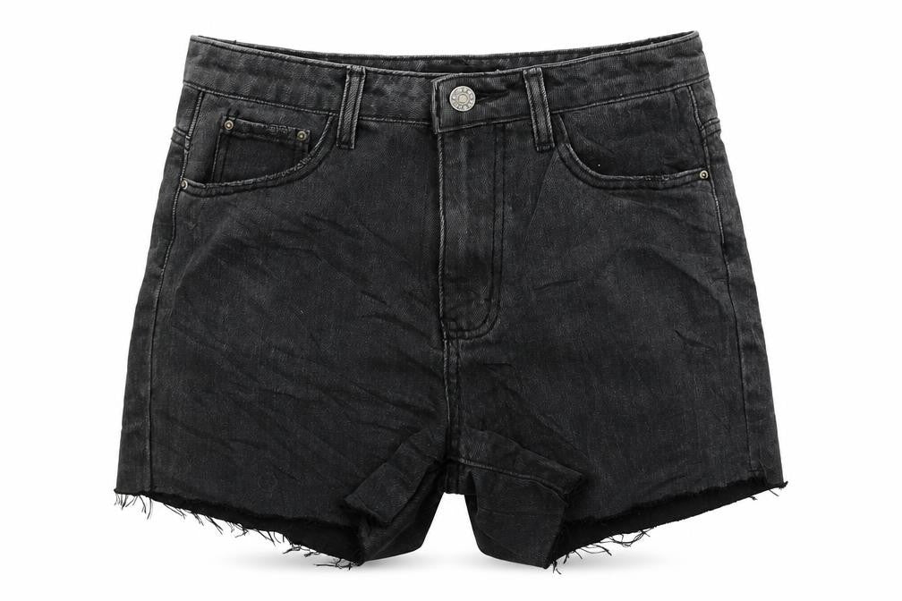 Front view of Momokrom women’s grey denim hot pants shorts, size UK 8