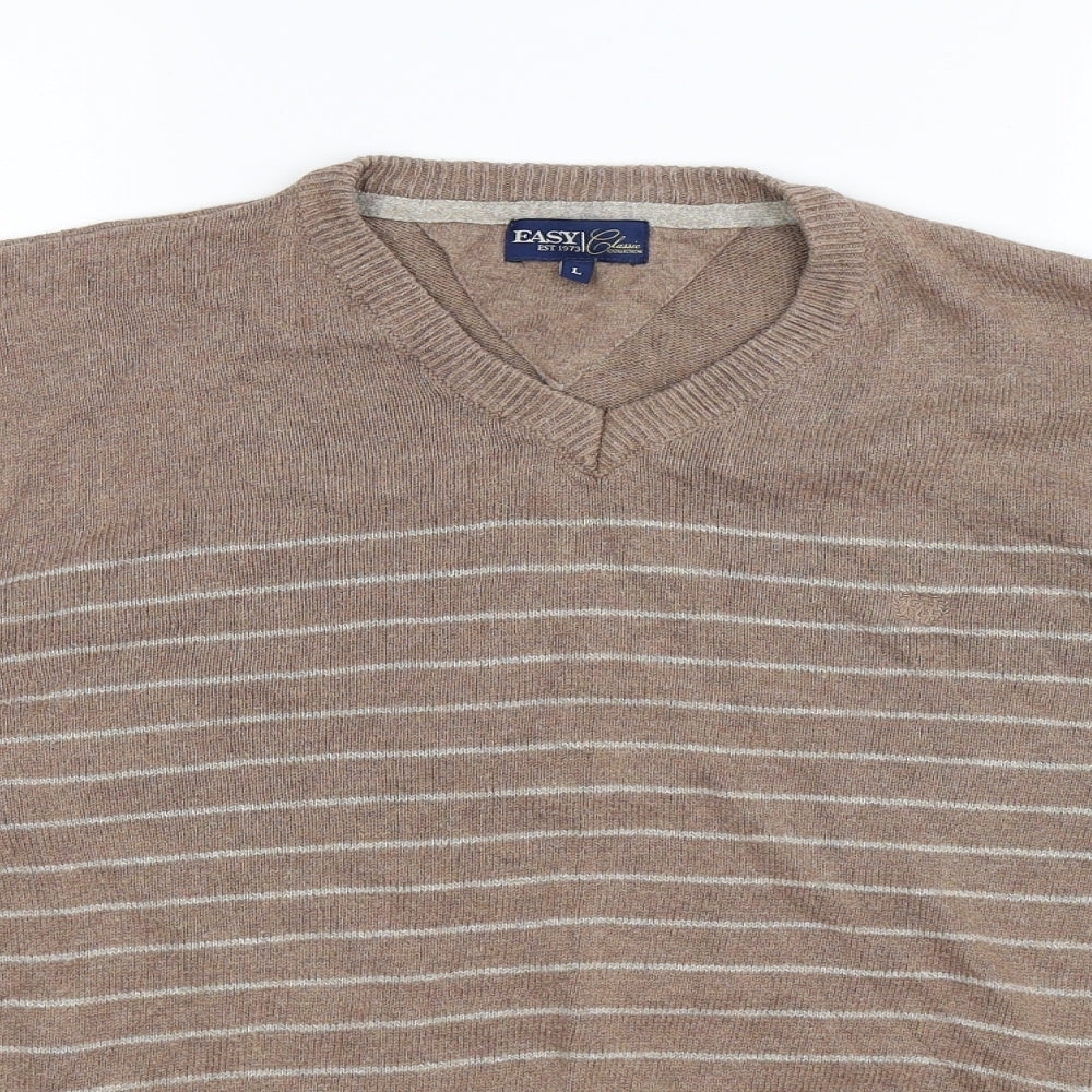 Easy Mens Brown Striped Knit Pullover Jumper Size L