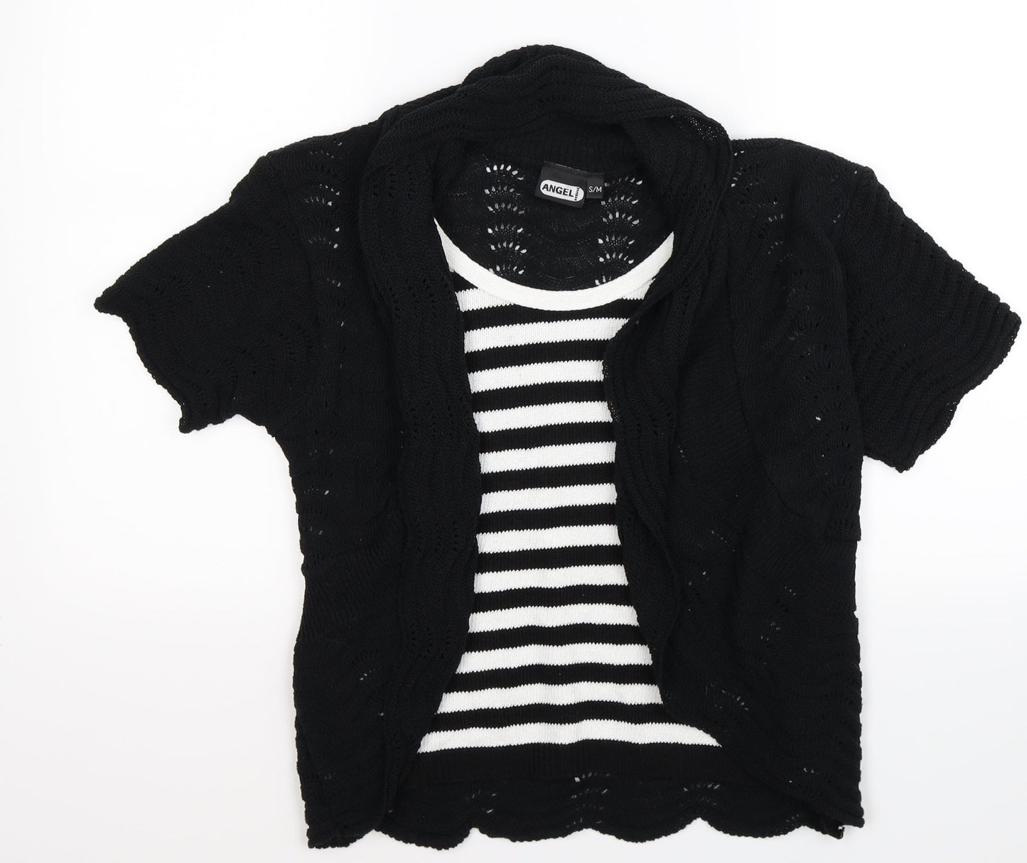 angel  Womens Black Striped Knit Wrap T-Shirt Size S  - mock cardigan
