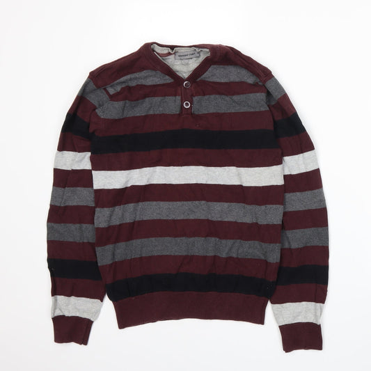 Cedar Wood State Mens Red Striped  Henley Jumper Size S