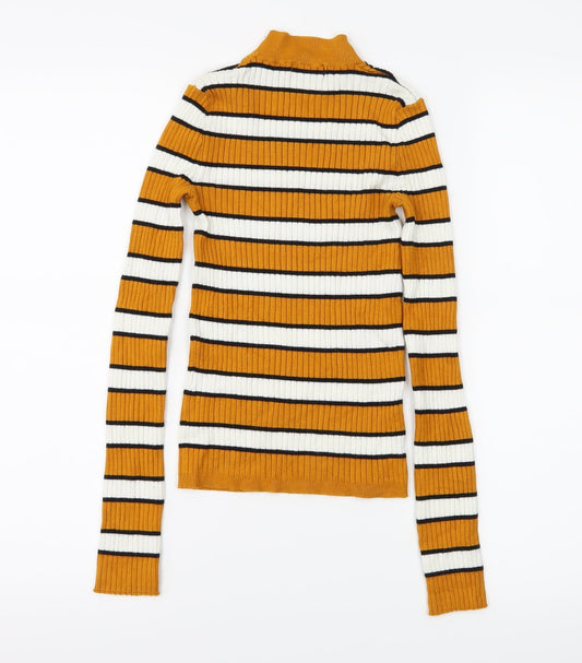 Bershka Womens Orange Striped Jersey Basic T-Shirt Size XS