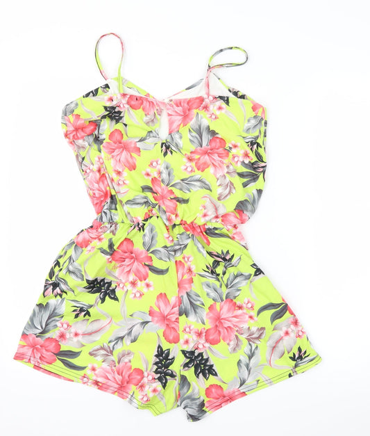 QED London Womens Green Floral  Playsuit One-Piece Size M