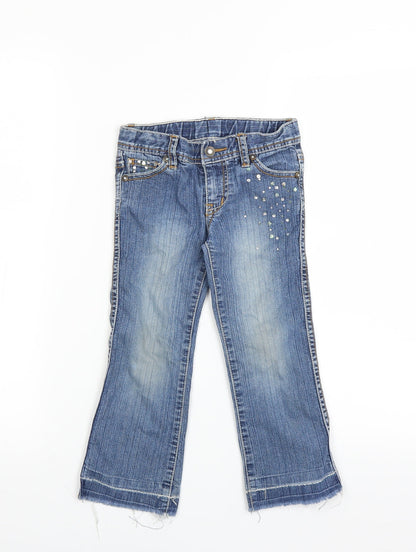 Pumpkin Patch Girls Blue   Straight Jeans Size 4 Years - distressed hem sequins