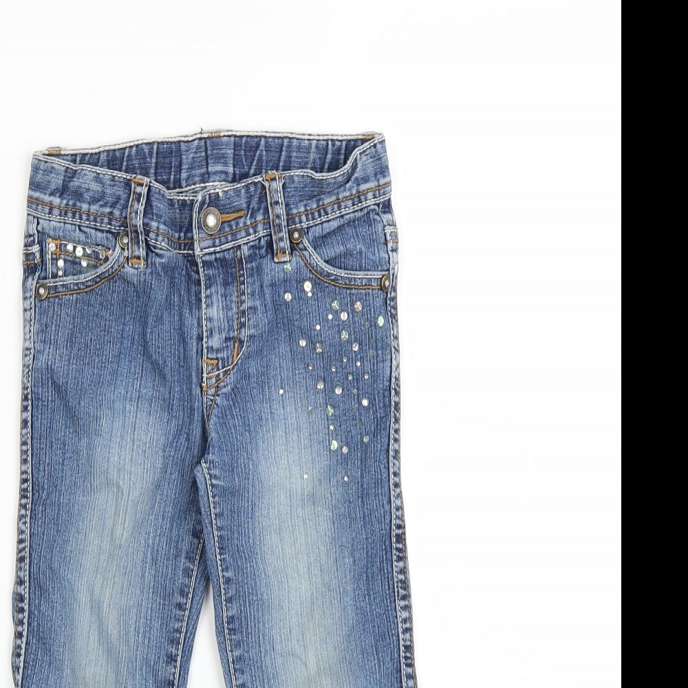 Pumpkin Patch Girls Blue   Straight Jeans Size 4 Years - distressed hem sequins