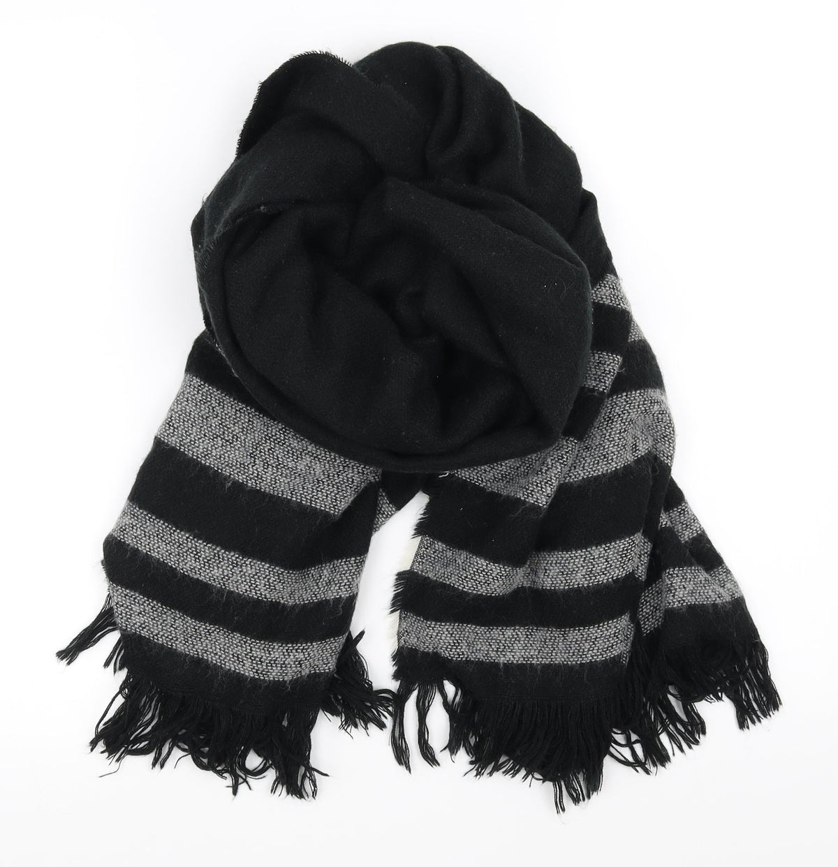 Front view of Preworn unisex black striped scarf