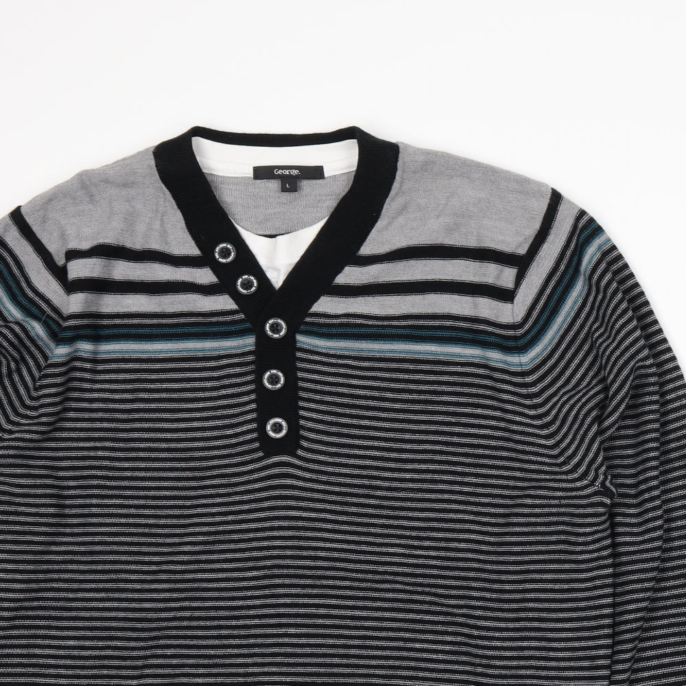 George Mens Grey Striped Knit Pullover Jumper Size L