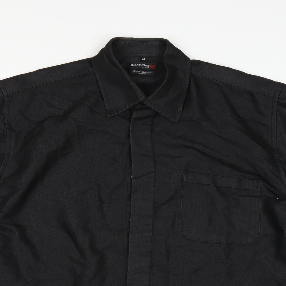 Mens UK Size M Black Blue Black  Button-Up Short Sleeve Casual Shirt