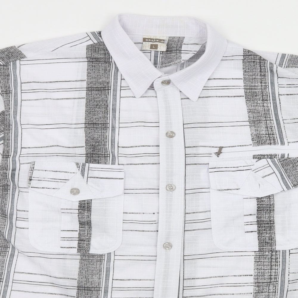 Mens UK Size L Green-G White  Button-Up Short Sleeve Casual Shirt