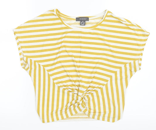 Primark Womens Yellow Striped  Basic T-Shirt Size 6  - Twist detail