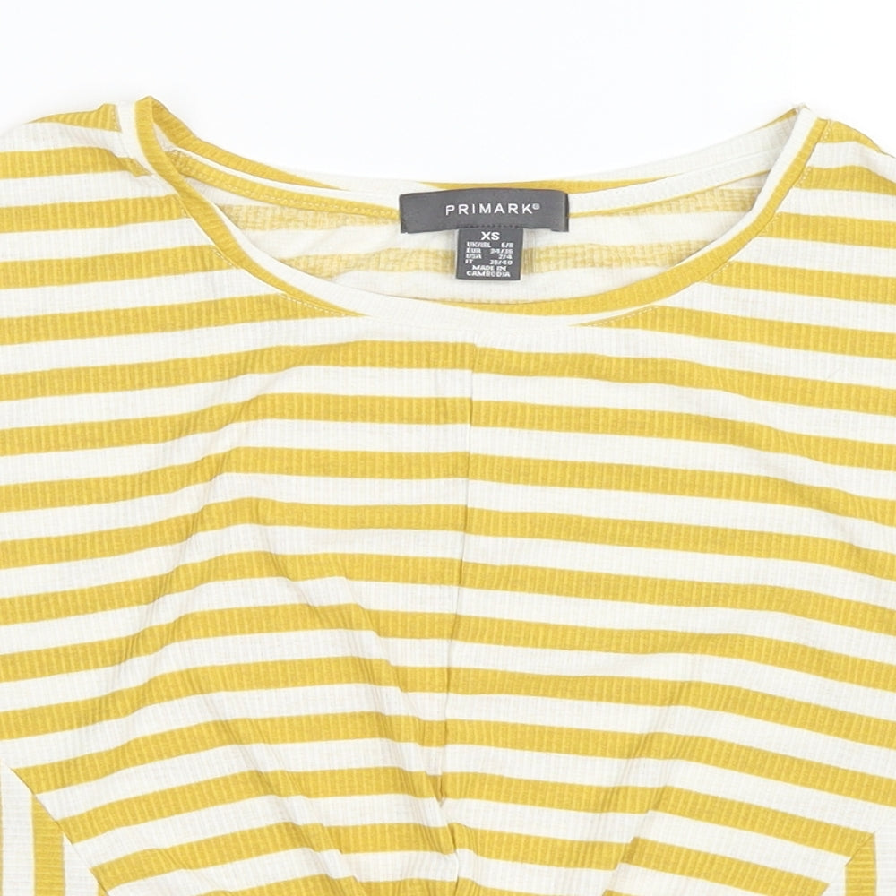 Primark Womens Yellow Striped  Basic T-Shirt Size 6  - Twist detail