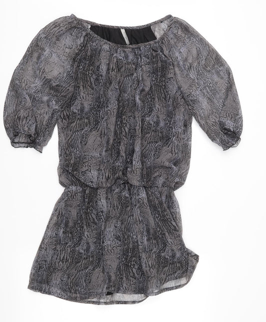 Evie Womens Grey Animal Print Chiffon Basic Blouse Size 12