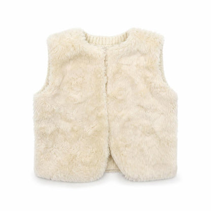 H&M Girls Ivory   Jacket Waistcoat Size 3-4 Years  - fur front