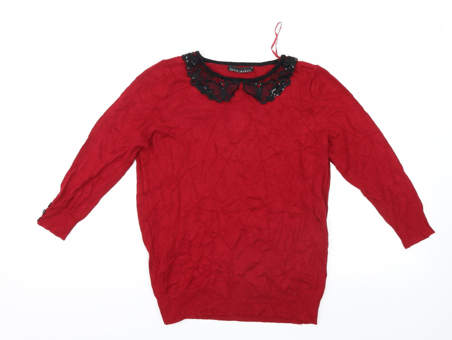 David Emanuel Womens Red  Knit Pullover Jumper Size XS  - Lace collar