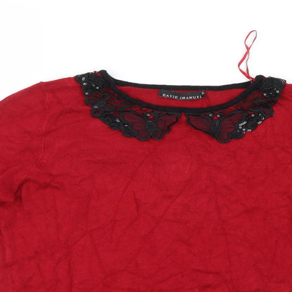 David Emanuel Womens Red  Knit Pullover Jumper Size XS  - Lace collar