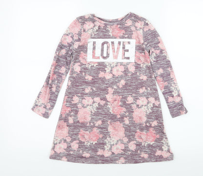 Primark Girls Purple Floral Knit T-Shirt Dress  Size 5-6 Years  - Love