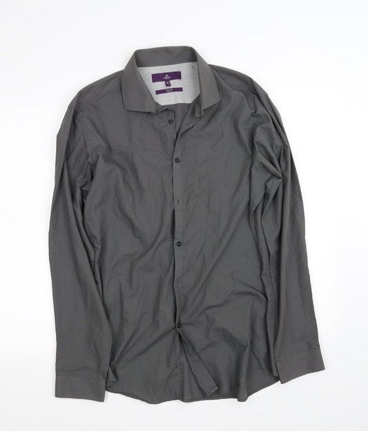 Mens UK Size 16 NEXT Grey  Button-Up Long Sleeve Casual Shirt