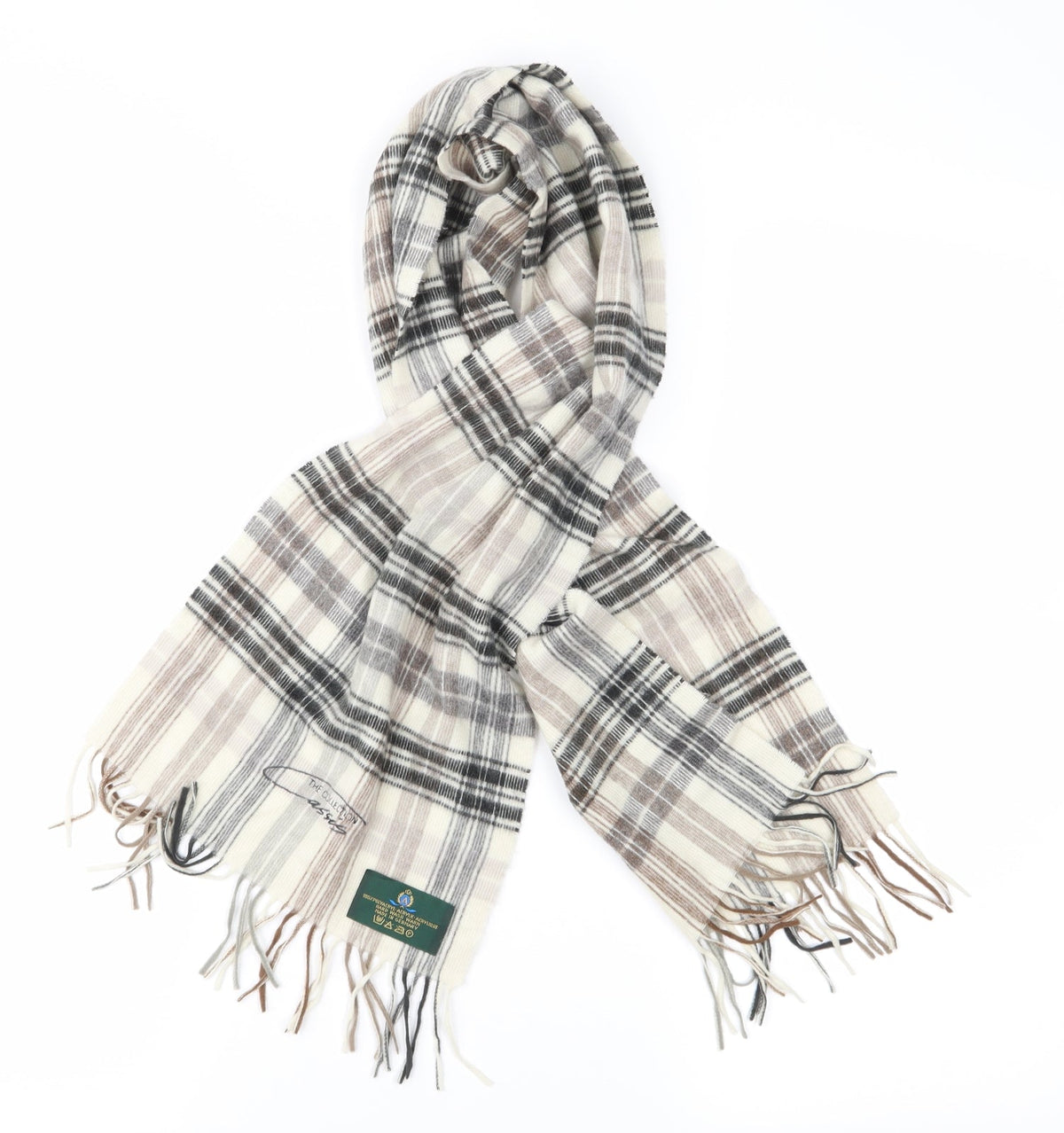 Front view of the collection unisex beige plaid scarf