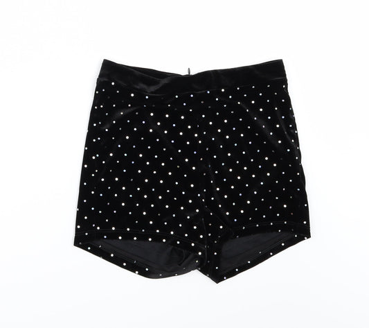 Bershka Womens Black Polka Dot Velour Hot Pants Shorts Size 10