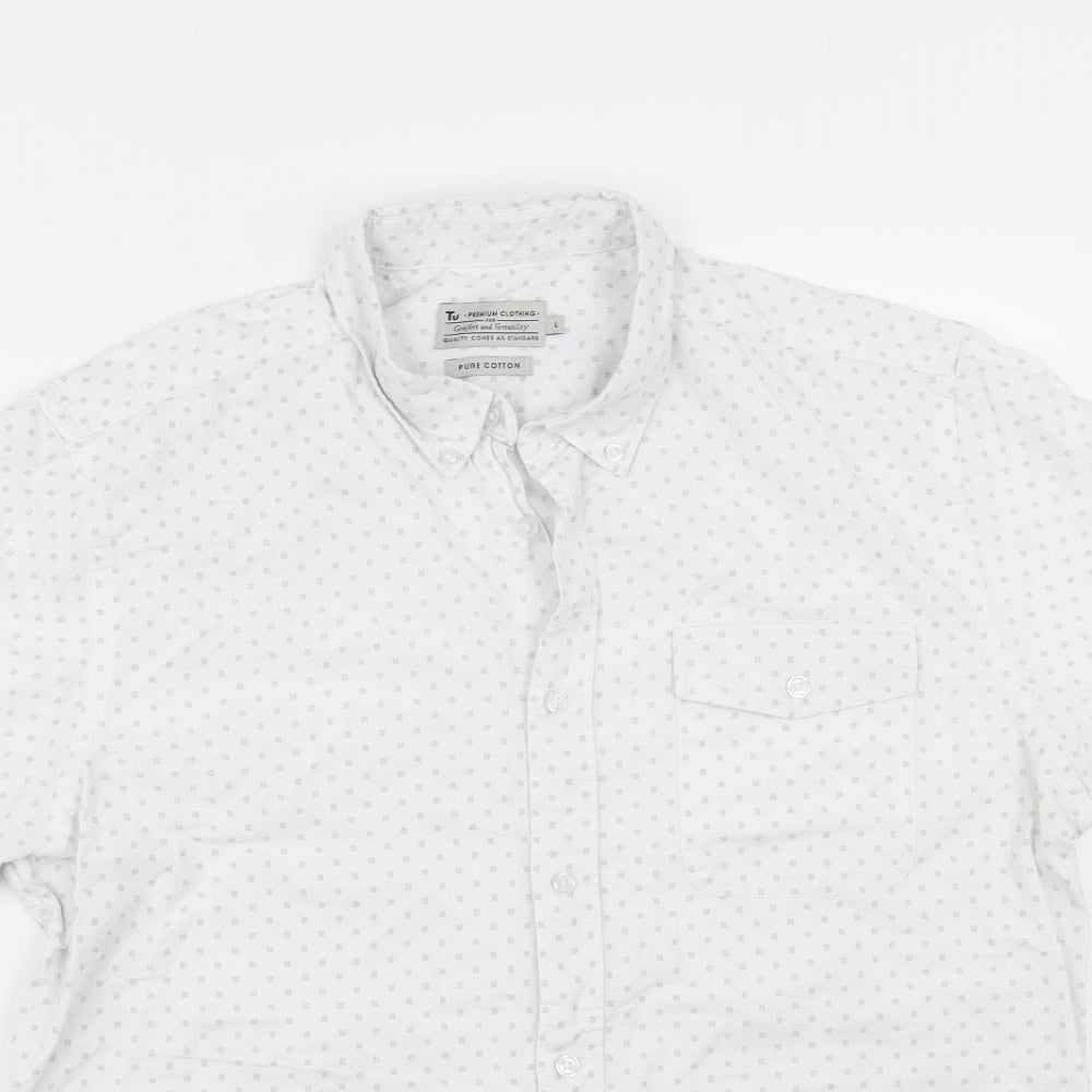 TU Mens White Geometric   Button-Up Size L