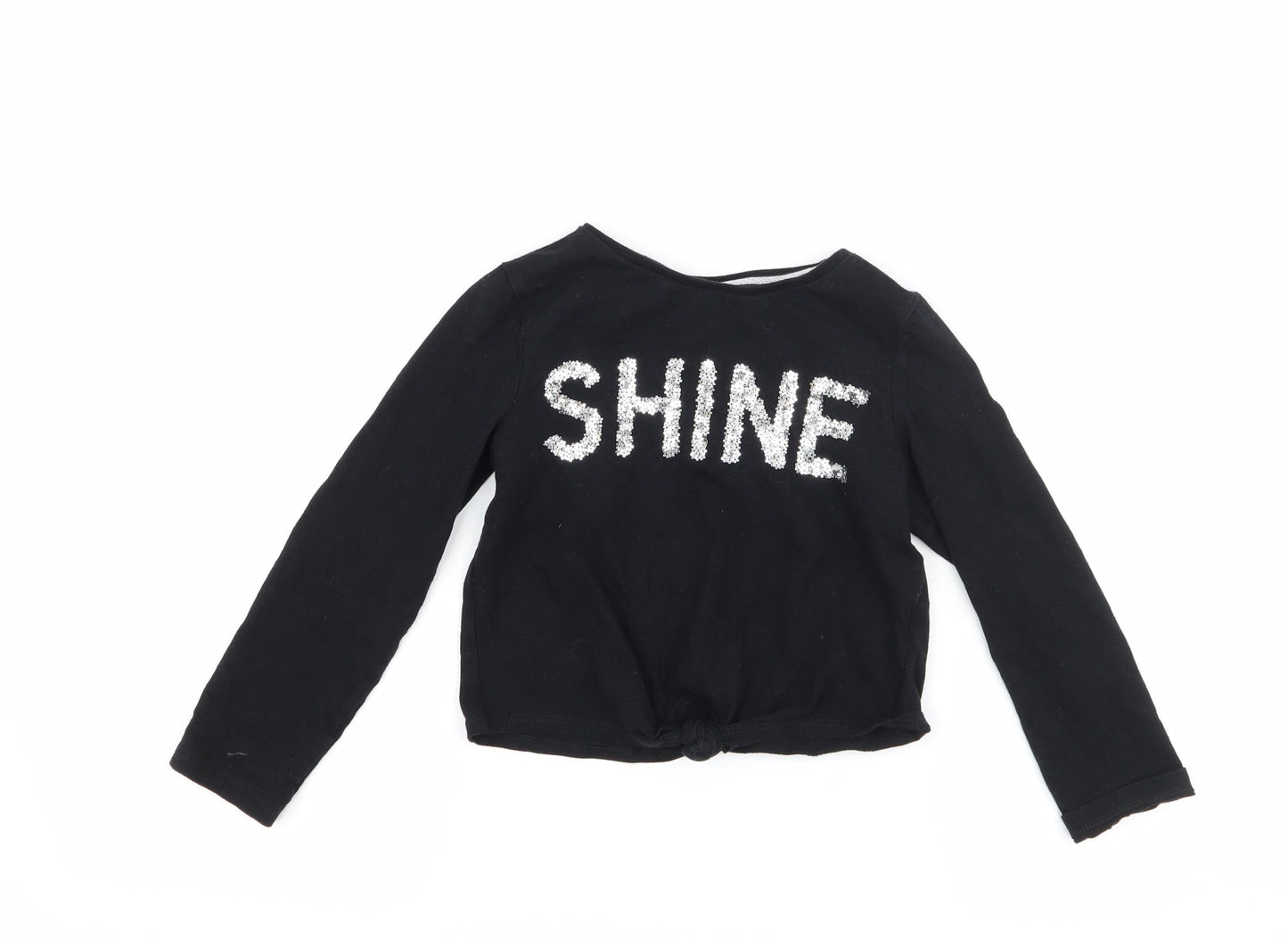 F&F Girls Black   Basic T-Shirt Size 6-7 Years  - shine tie knot front