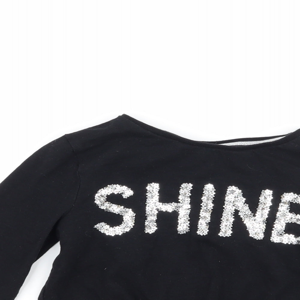 F&F Girls Black   Basic T-Shirt Size 6-7 Years  - shine tie knot front