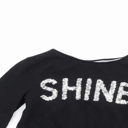 F&F Girls Black   Basic T-Shirt Size 6-7 Years  - shine tie knot front