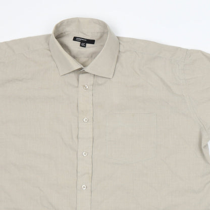 Mens UK Size 17.5 Cedar Wood State Beige  Button-Up Short Sleeve Casual Shirt