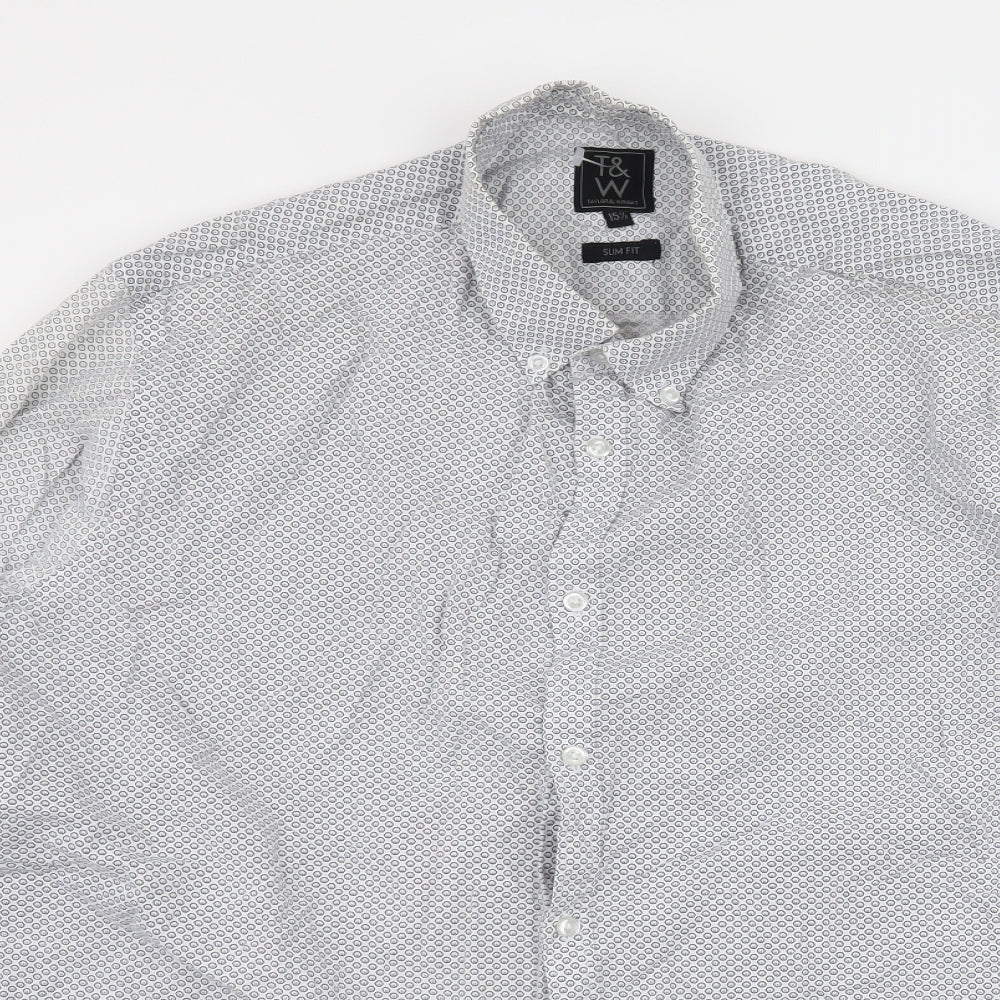 Taylor & Wright Mens White Polka Dot   Button-Up Size 15.5