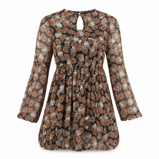 Front view of Atmosphere women’s black floral a-line, size UK 10, - cut out shoulder
