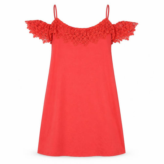 Front view of ASOS women’s red shirt dress, size UK 12, - lace detail