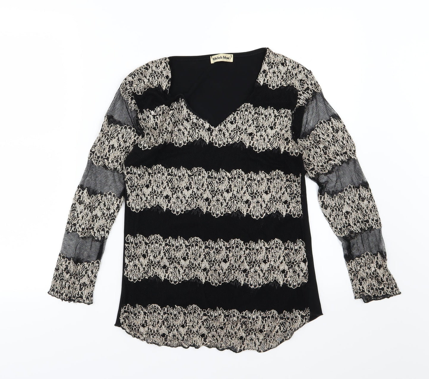 Michele Monet Womens Black Striped Mesh Basic Blouse Size S
