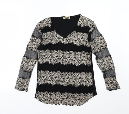 Michele Monet Womens Black Striped Mesh Basic Blouse Size S