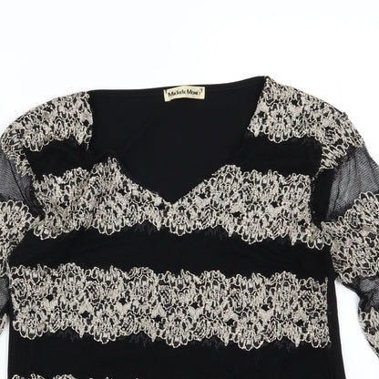 Michele Monet Womens Black Striped Mesh Basic Blouse Size S