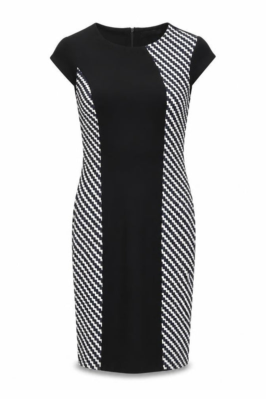 Front view of Collection London women’s black geometric pencil dress, size UK 8