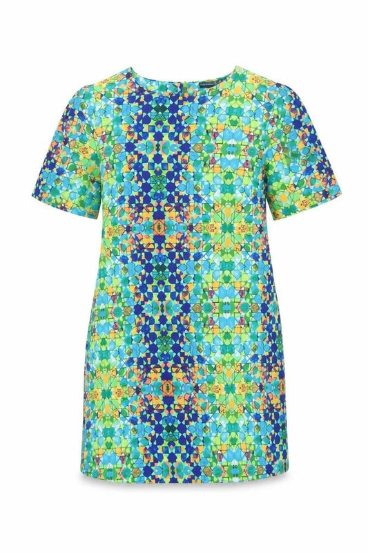 Front view of Atmosphere women’s green geometric shift, size UK 12