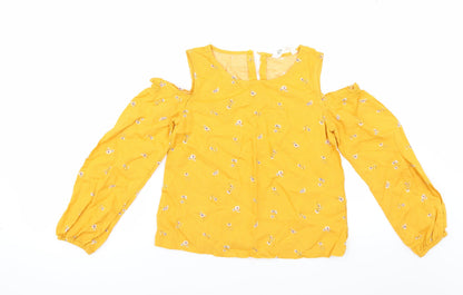 H&M Girls Yellow Floral  Tunic Blouse Size 12 Years  - cold shoudler