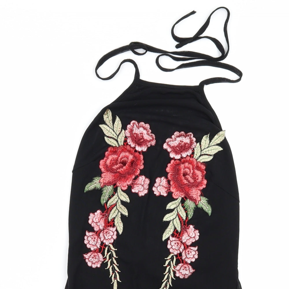 PRETTYLITTLETHING Womens Black Floral  Bodysuit One-Piece Size 10