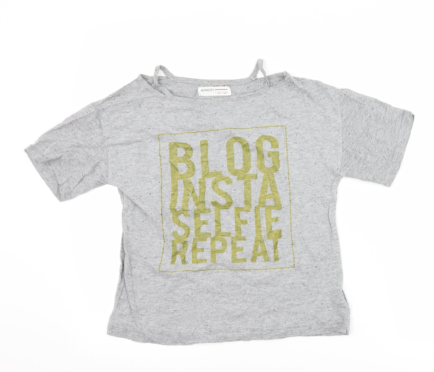 Minoti Girls Grey   Basic T-Shirt Size 9-10 Years  - slogan cut out shoulders