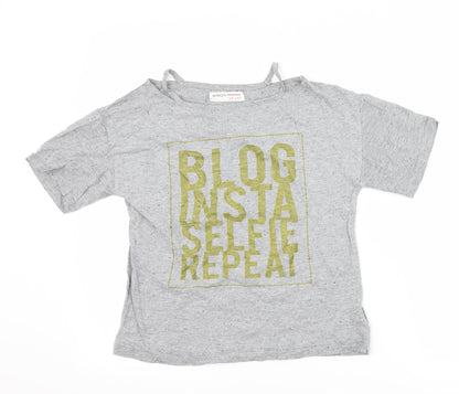 Minoti Girls Grey   Basic T-Shirt Size 9-10 Years  - slogan cut out shoulders